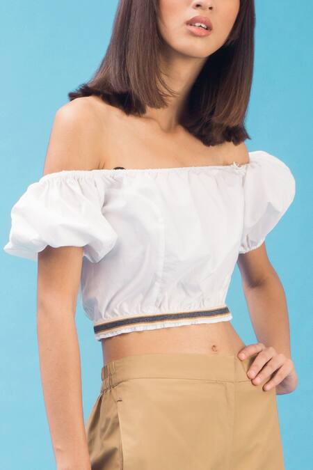 Shop Chillosophy White Poplin One Shoulder Crop Top Online at Aza Fashions Shop_Chillosophy_White Poplin One Shoulder Crop Top _Online_at_Aza_Fashions