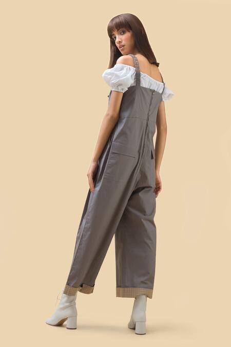 Shop Chillosophy Grey Poplin V Neck Jumpsuit With Front Knot at Aza Fashions Shop_Chillosophy_Grey Poplin V Neck Jumpsuit With Front Knot _at_Aza_Fashions