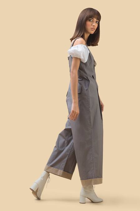 Chillosophy Grey Poplin V Neck Jumpsuit With Front Knot Online at Aza Fashions Chillosophy_Grey Poplin V Neck Jumpsuit With Front Knot _Online_at_Aza_Fashions