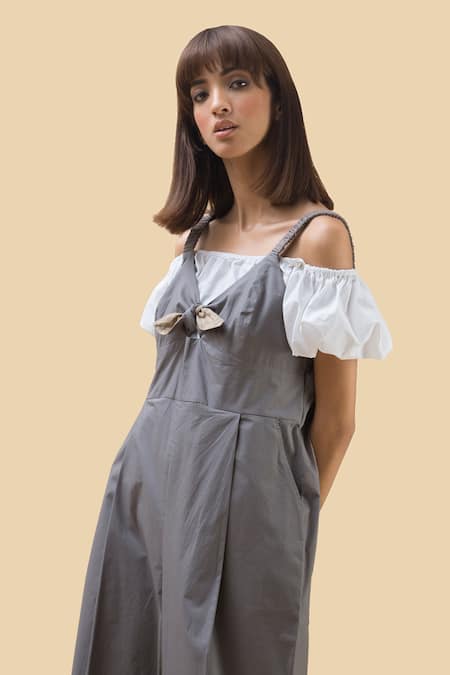 Shop Chillosophy Grey Poplin V Neck Jumpsuit With Front Knot Online at Aza Fashions Shop_Chillosophy_Grey Poplin V Neck Jumpsuit With Front Knot _Online_at_Aza_Fashions