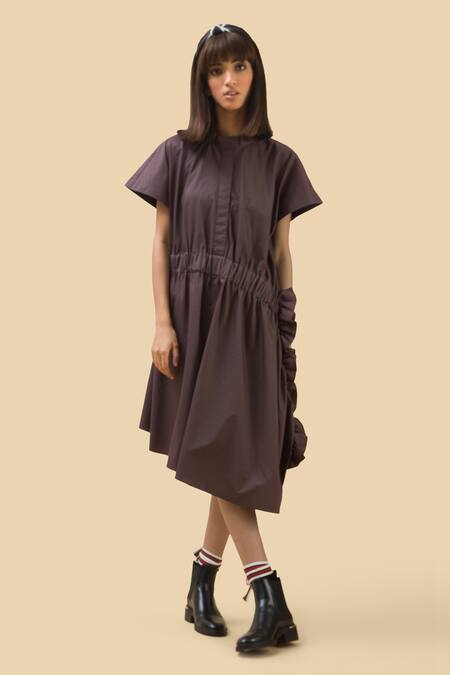 Shop Chillosophy Brown Poplin Band Collar Asymmetric Anti-fit Dress Online at Aza Fashions Shop_Chillosophy_Brown Poplin Band Collar Asymmetric Anti-fit Dress _Online_at_Aza_Fashions
