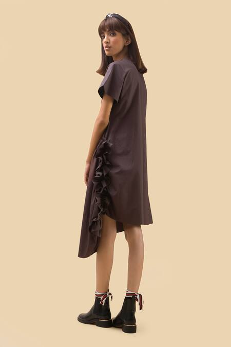 Shop Chillosophy Brown Poplin Band Collar Asymmetric Anti-fit Dress at Aza Fashions Shop_Chillosophy_Brown Poplin Band Collar Asymmetric Anti-fit Dress _at_Aza_Fashions