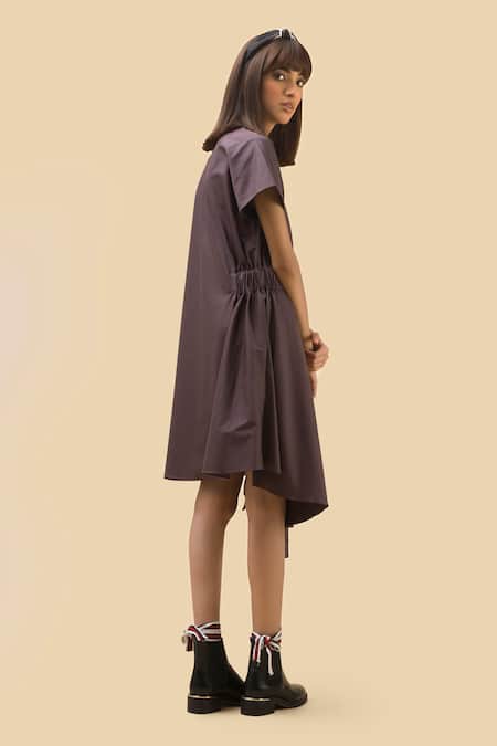 Chillosophy Brown Poplin Band Collar Asymmetric Anti-fit Dress Online at Aza Fashions Chillosophy_Brown Poplin Band Collar Asymmetric Anti-fit Dress _Online_at_Aza_Fashions