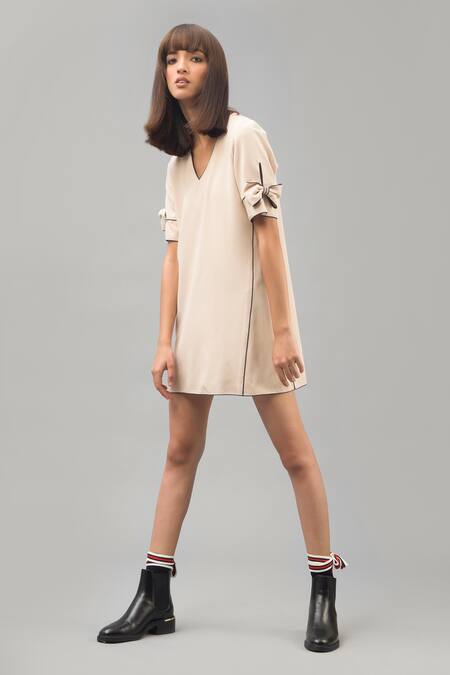 Buy Chillosophy Beige European Crepe V Neck Short Box Dress Online at Aza Fashions Buy_Chillosophy_Beige European Crepe V Neck Short Box Dress _Online_at_Aza_Fashions