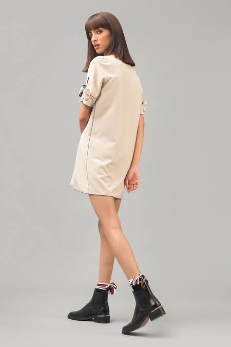 Shop Chillosophy Beige European Crepe V Neck Short Box Dress at Aza Fashions Shop_Chillosophy_Beige European Crepe V Neck Short Box Dress _at_Aza_Fashions