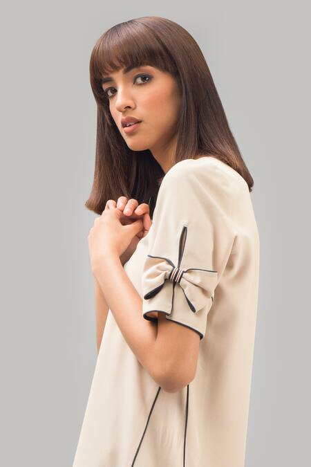 Shop Chillosophy Beige European Crepe V Neck Short Box Dress Online at Aza Fashions Shop_Chillosophy_Beige European Crepe V Neck Short Box Dress _Online_at_Aza_Fashions