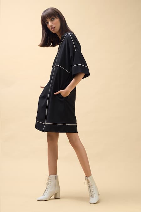 Chillosophy Black European Crepe Round Short Anti-fit Dress Online at Aza Fashions Chillosophy_Black European Crepe Round Short Anti-fit Dress _Online_at_Aza_Fashions