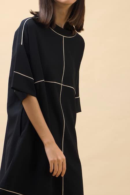 Chillosophy Black European Crepe Round Short Anti-fit Dress at Aza Fashions Chillosophy_Black European Crepe Round Short Anti-fit Dress _at_Aza_Fashions