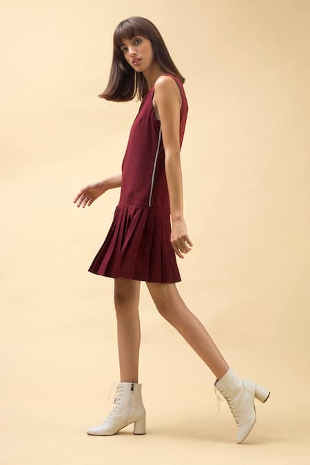 Chillosophy Maroon European Crepe Round Short Dress With Pleats Online at Aza Fashions Chillosophy_Maroon European Crepe Round Short Dress With Pleats _Online_at_Aza_Fashions