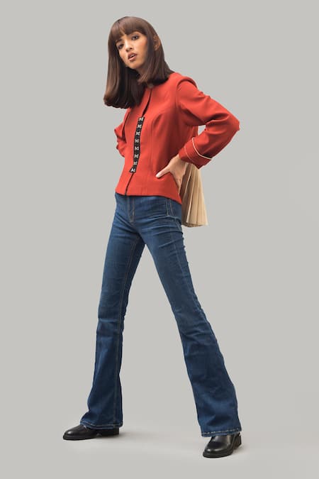 Shop Chillosophy Orange European Crepe Round Short Jacket at Aza Fashions Shop_Chillosophy_Orange European Crepe Round Short Jacket _at_Aza_Fashions