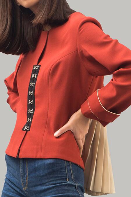 Chillosophy Orange European Crepe Round Short Jacket Online at Aza Fashions Chillosophy_Orange European Crepe Round Short Jacket _Online_at_Aza_Fashions