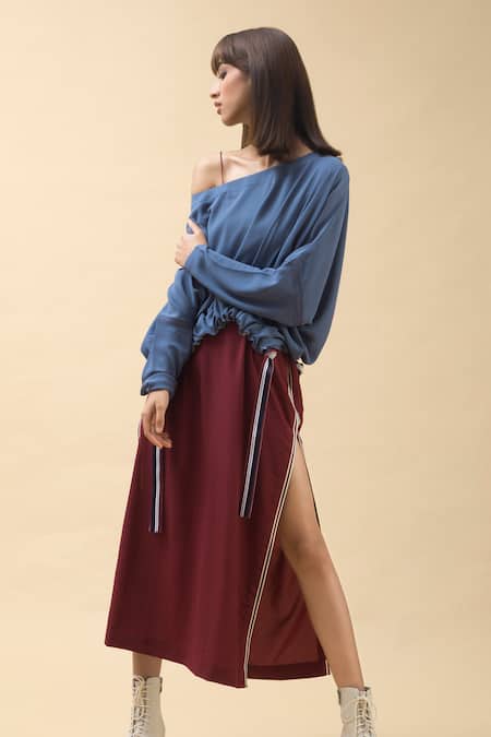 Chillosophy Blue European Crepe One Shoulder Off Top With Slit Skirt 