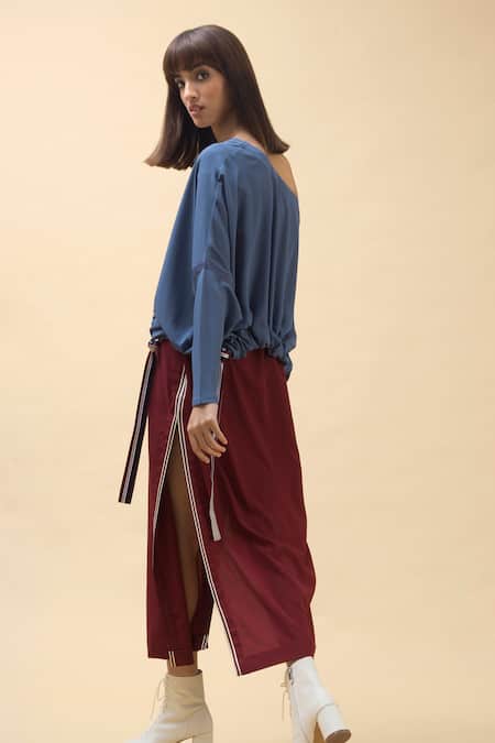 Shop Chillosophy Blue European Crepe One Shoulder Off Top With Slit Skirt at Aza Fashions Shop_Chillosophy_Blue European Crepe One Shoulder Off Top With Slit Skirt _at_Aza_Fashions