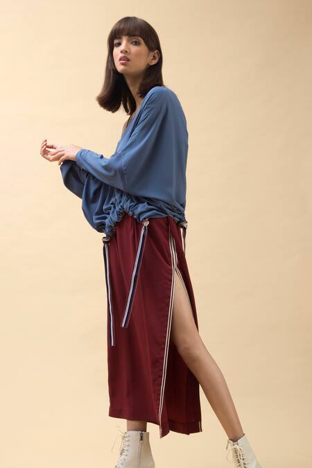 Chillosophy Blue European Crepe One Shoulder Off Top With Slit Skirt Online at Aza Fashions Chillosophy_Blue European Crepe One Shoulder Off Top With Slit Skirt _Online_at_Aza_Fashions