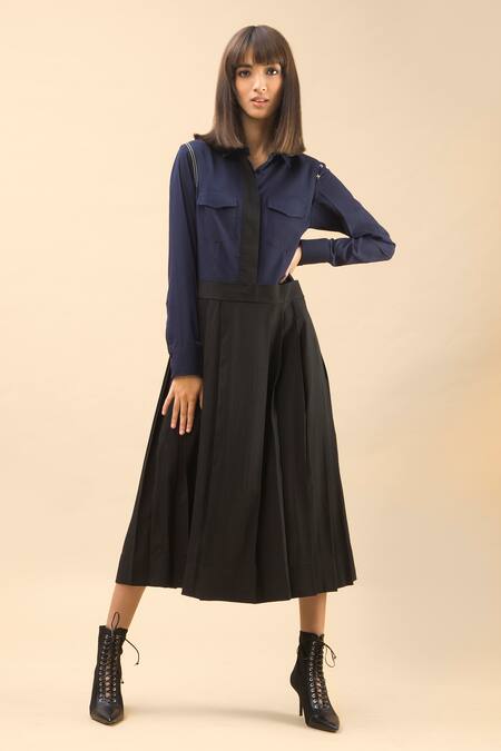 Buy Chillosophy Black European Crepe Straight Collar Pleated Midi Dress Online at Aza Fashions Buy_Chillosophy_Black European Crepe Straight Collar Pleated Midi Dress _Online_at_Aza_Fashions