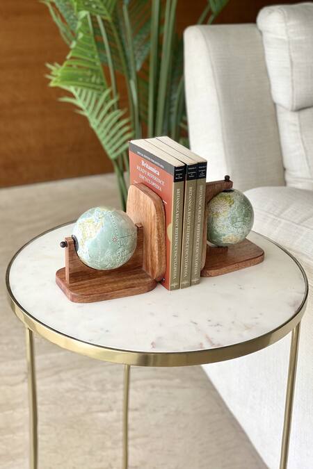 Mason Home_Green Wood And Paper Columbus Globe Bookends_Online_at_Aza_Fashions