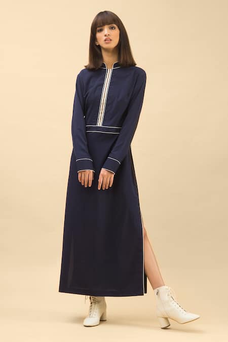 Chillosophy Blue Poplin Band Collar Straight Fit Dress Online at Aza Fashions Chillosophy_Blue Poplin Band Collar Straight Fit Dress _Online_at_Aza_Fashions