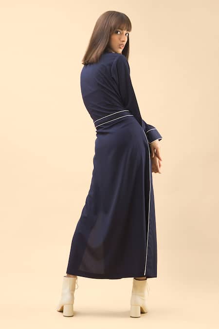Shop Chillosophy Blue Poplin Band Collar Straight Fit Dress at Aza Fashions Shop_Chillosophy_Blue Poplin Band Collar Straight Fit Dress _at_Aza_Fashions
