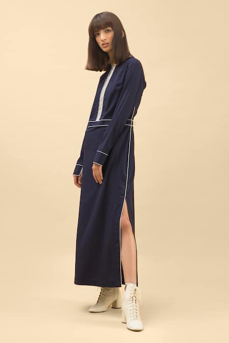 Chillosophy Blue Poplin Band Collar Straight Fit Dress 