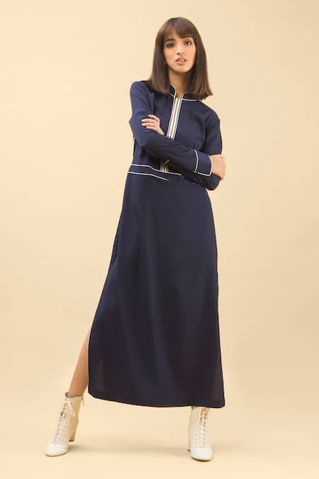 Buy Chillosophy Blue Poplin Band Collar Straight Fit Dress Online at Aza Fashions Buy_Chillosophy_Blue Poplin Band Collar Straight Fit Dress _Online_at_Aza_Fashions