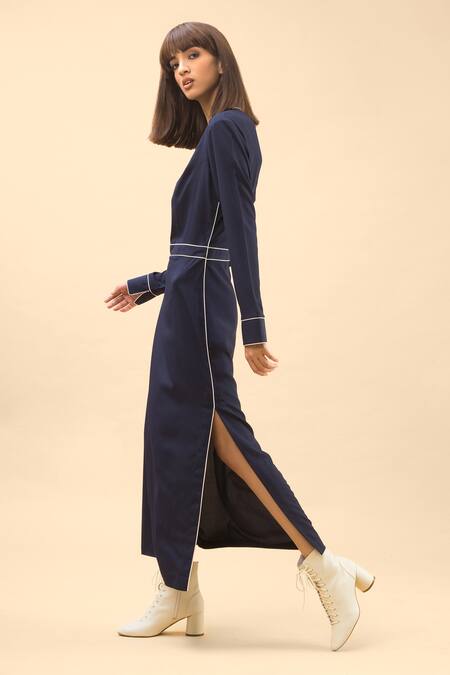 Shop Chillosophy Blue Poplin Band Collar Straight Fit Dress Online at Aza Fashions Shop_Chillosophy_Blue Poplin Band Collar Straight Fit Dress _Online_at_Aza_Fashions