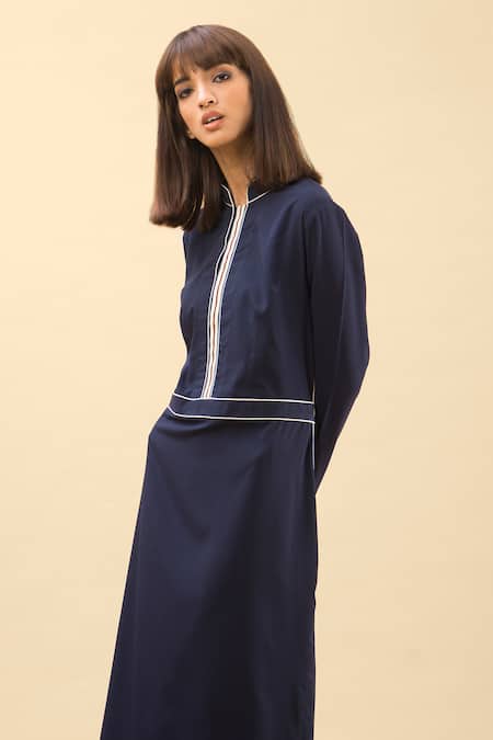 Chillosophy Blue Poplin Band Collar Straight Fit Dress at Aza Fashions Chillosophy_Blue Poplin Band Collar Straight Fit Dress _at_Aza_Fashions