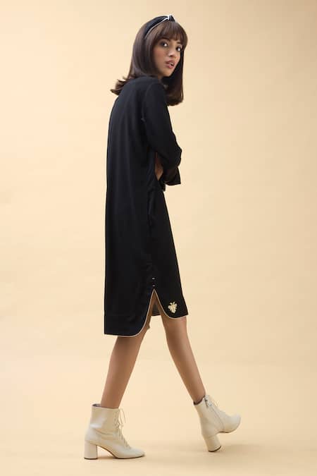 Shop Chillosophy Black Crepe Notched Round Neck Knee-length Tunic at Aza Fashions Shop_Chillosophy_Black Crepe Notched Round Neck Knee-length Tunic _at_Aza_Fashions