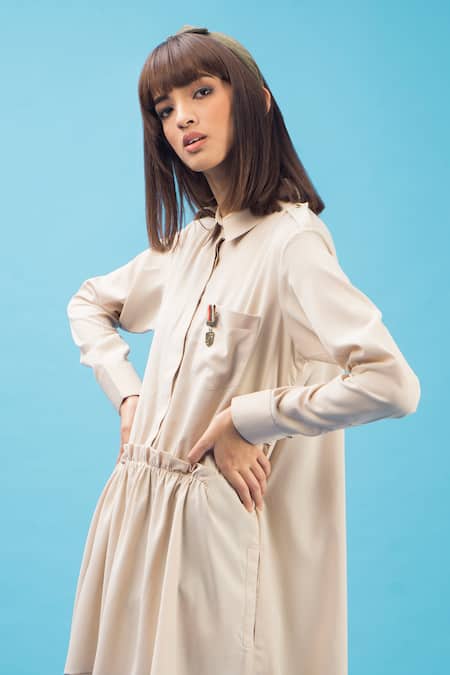Chillosophy White European Crepe Straight Collar Anti-fit Dress at Aza Fashions Chillosophy_White European Crepe Straight Collar Anti-fit Dress _at_Aza_Fashions