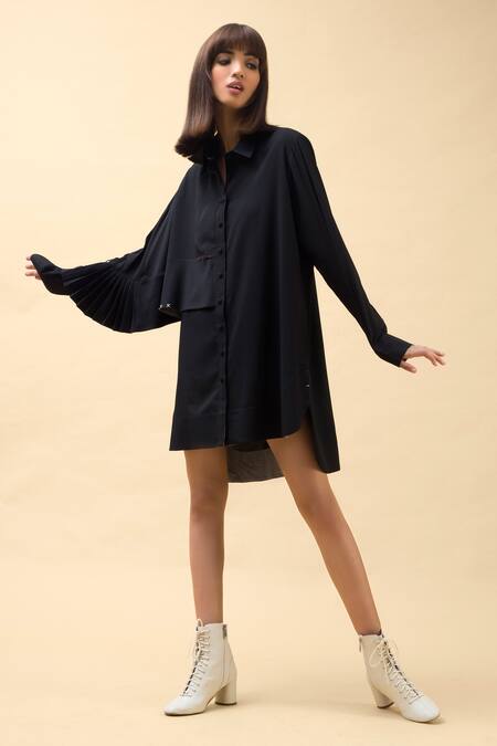 Chillosophy Black European Crepe Straight Collar Short Shirt Dress Online at Aza Fashions Chillosophy_Black European Crepe Straight Collar Short Shirt Dress _Online_at_Aza_Fashions