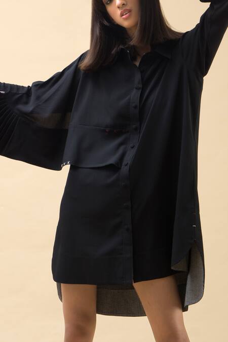 Buy Chillosophy Black European Crepe Straight Collar Short Shirt Dress Online at Aza Fashions Buy_Chillosophy_Black European Crepe Straight Collar Short Shirt Dress _Online_at_Aza_Fashions
