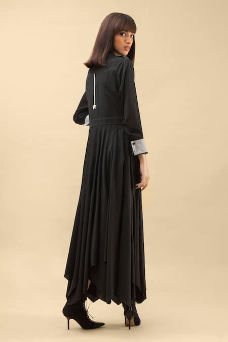 Shop Chillosophy Black European Crepe Straight Collar Shirt Dress at Aza Fashions Shop_Chillosophy_Black European Crepe Straight Collar Shirt Dress _at_Aza_Fashions