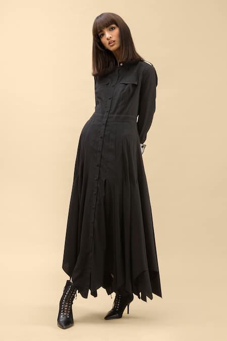 Chillosophy Black European Crepe Straight Collar Shirt Dress Online at Aza Fashions Chillosophy_Black European Crepe Straight Collar Shirt Dress _Online_at_Aza_Fashions