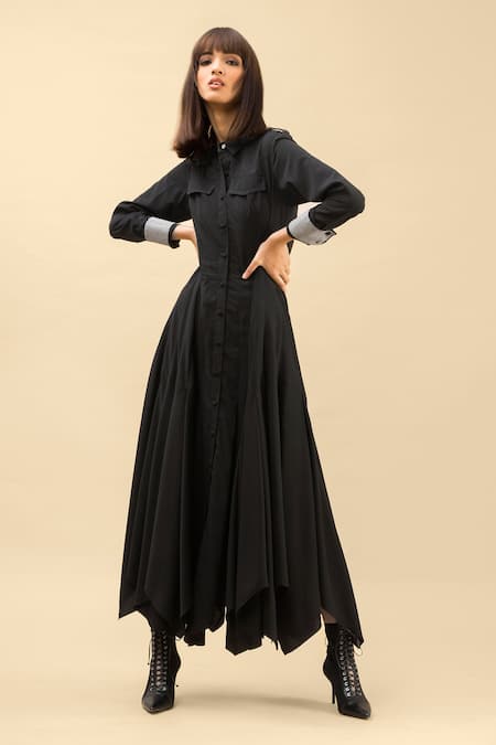 Buy Chillosophy Black European Crepe Straight Collar Shirt Dress Online at Aza Fashions Buy_Chillosophy_Black European Crepe Straight Collar Shirt Dress _Online_at_Aza_Fashions