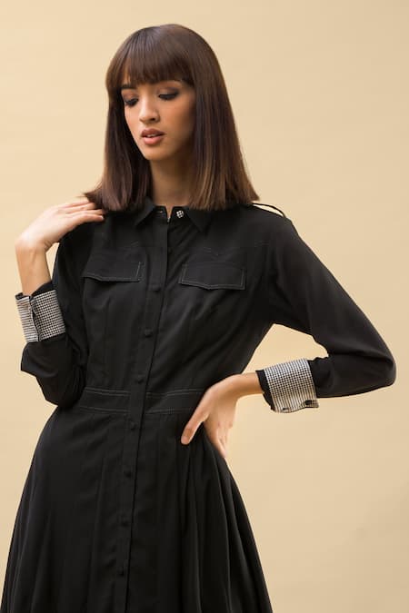 Shop Chillosophy Black European Crepe Straight Collar Shirt Dress Online at Aza Fashions Shop_Chillosophy_Black European Crepe Straight Collar Shirt Dress _Online_at_Aza_Fashions