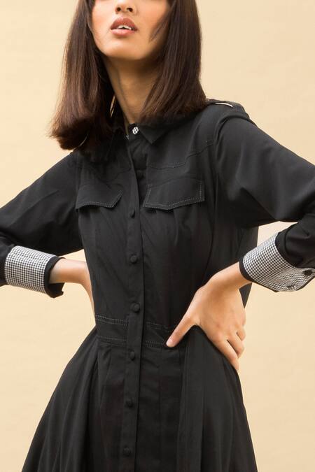 Chillosophy Black European Crepe Straight Collar Shirt Dress at Aza Fashions Chillosophy_Black European Crepe Straight Collar Shirt Dress _at_Aza_Fashions