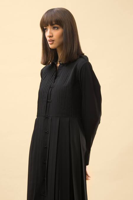 Shop_Chillosophy_Black European Crepe Straight Collar Pleated Maxi Dress _Online_at_Aza_Fashions