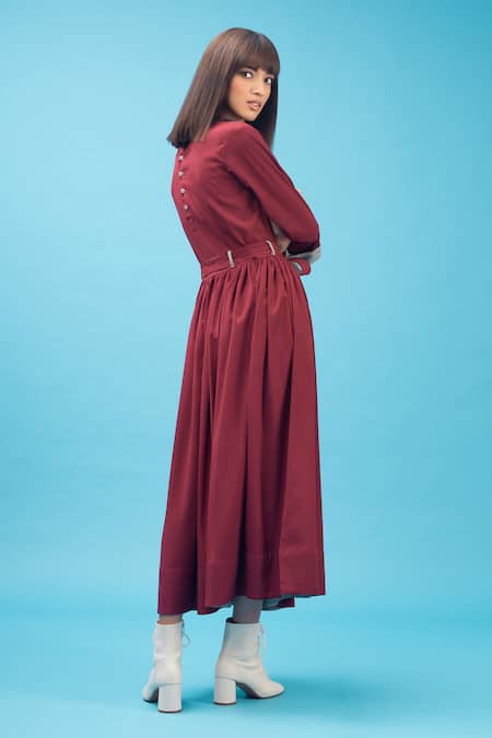 Shop Chillosophy Maroon Cotton Round Midi Dress With Belt at Aza Fashions Shop_Chillosophy_Maroon Cotton Round Midi Dress With Belt _at_Aza_Fashions
