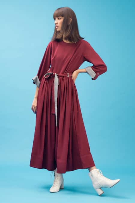 Buy Chillosophy Maroon Cotton Round Midi Dress With Belt Online at Aza Fashions Buy_Chillosophy_Maroon Cotton Round Midi Dress With Belt _Online_at_Aza_Fashions