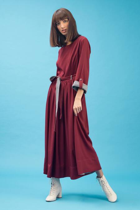Shop Chillosophy Maroon Cotton Round Midi Dress With Belt Online at Aza Fashions Shop_Chillosophy_Maroon Cotton Round Midi Dress With Belt _Online_at_Aza_Fashions