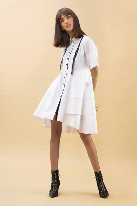 Chillosophy White Poplin Straight Collar Short Shirt Dress Online at Aza Fashions Chillosophy_White Poplin Straight Collar Short Shirt Dress _Online_at_Aza_Fashions