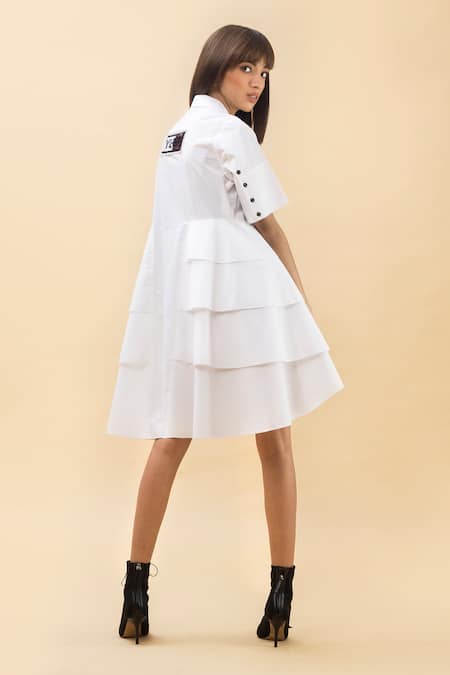 Shop Chillosophy White Poplin Straight Collar Short Shirt Dress at Aza Fashions Shop_Chillosophy_White Poplin Straight Collar Short Shirt Dress _at_Aza_Fashions