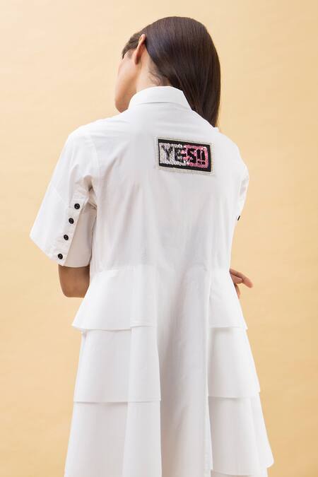 Shop Chillosophy White Poplin Straight Collar Short Shirt Dress Online at Aza Fashions Shop_Chillosophy_White Poplin Straight Collar Short Shirt Dress _Online_at_Aza_Fashions