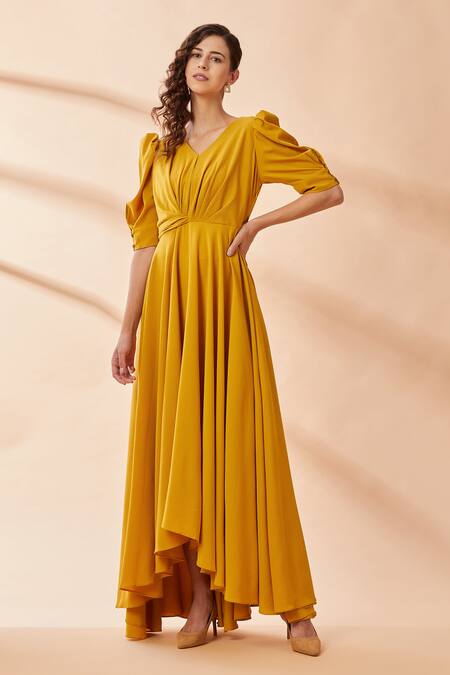 Aakaar_Yellow Moss Crepe V Neck Puff Sleeves Gown _Online_at_Aza_Fashions