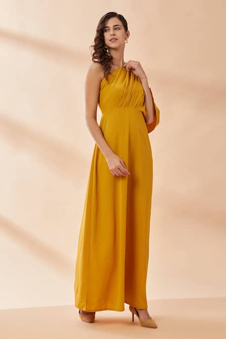 Aakaar_Yellow Moss Crepe Pearl And Cutdana One Shoulder Gown _Online_at_Aza_Fashions