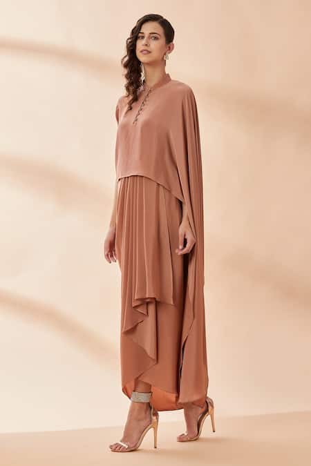 Buy_Aakaar_Gold Silk, Crepe Band Collar Draped Dress_Online_at_Aza_Fashions