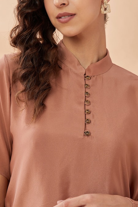 Shop_Aakaar_Gold Silk, Crepe Band Collar Draped Dress_Online_at_Aza_Fashions