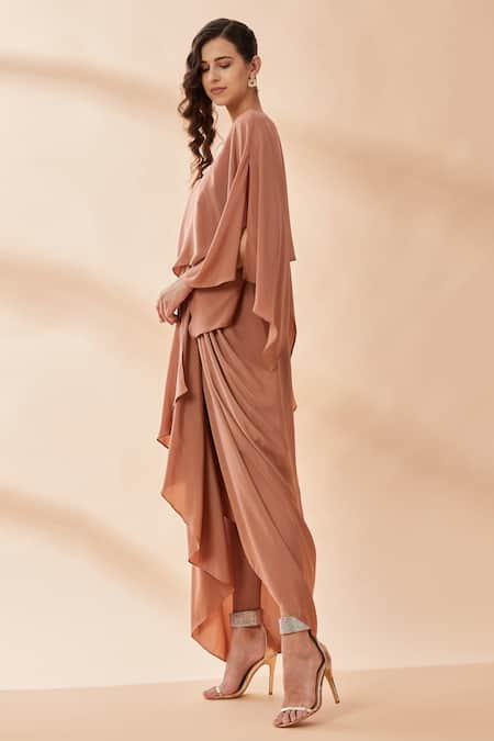 Buy_Aakaar_Gold Amira Crepe Silk One Shoulder Gown _Online_at_Aza_Fashions