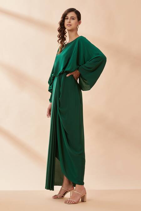 Buy Aakaar Green Amira Crepe Silk Round Draped Gown Online at Aza Fashions Buy_Aakaar_Green Amira Crepe Silk Round Draped Gown _Online_at_Aza_Fashions