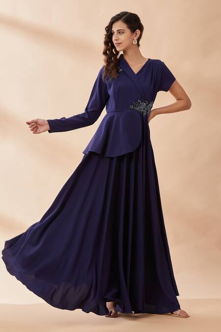 Buy_Aakaar_Blue Moss Crepe Cutdana Asymmetric Blazer Style Gown _Online_at_Aza_Fashions