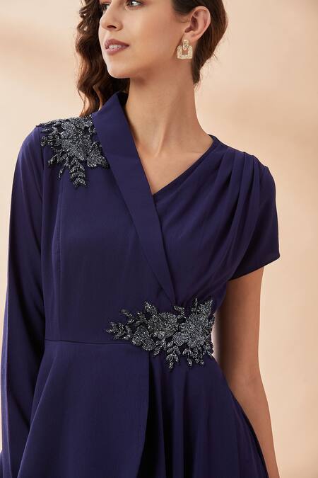 Shop_Aakaar_Blue Moss Crepe Cutdana Asymmetric Blazer Style Gown _Online_at_Aza_Fashions